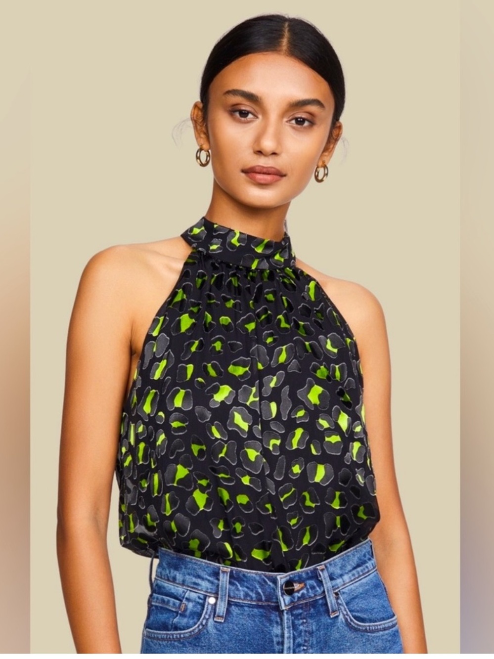 Alice + Olivia Kingsley leopard silk halter sleeveless blouse green black small